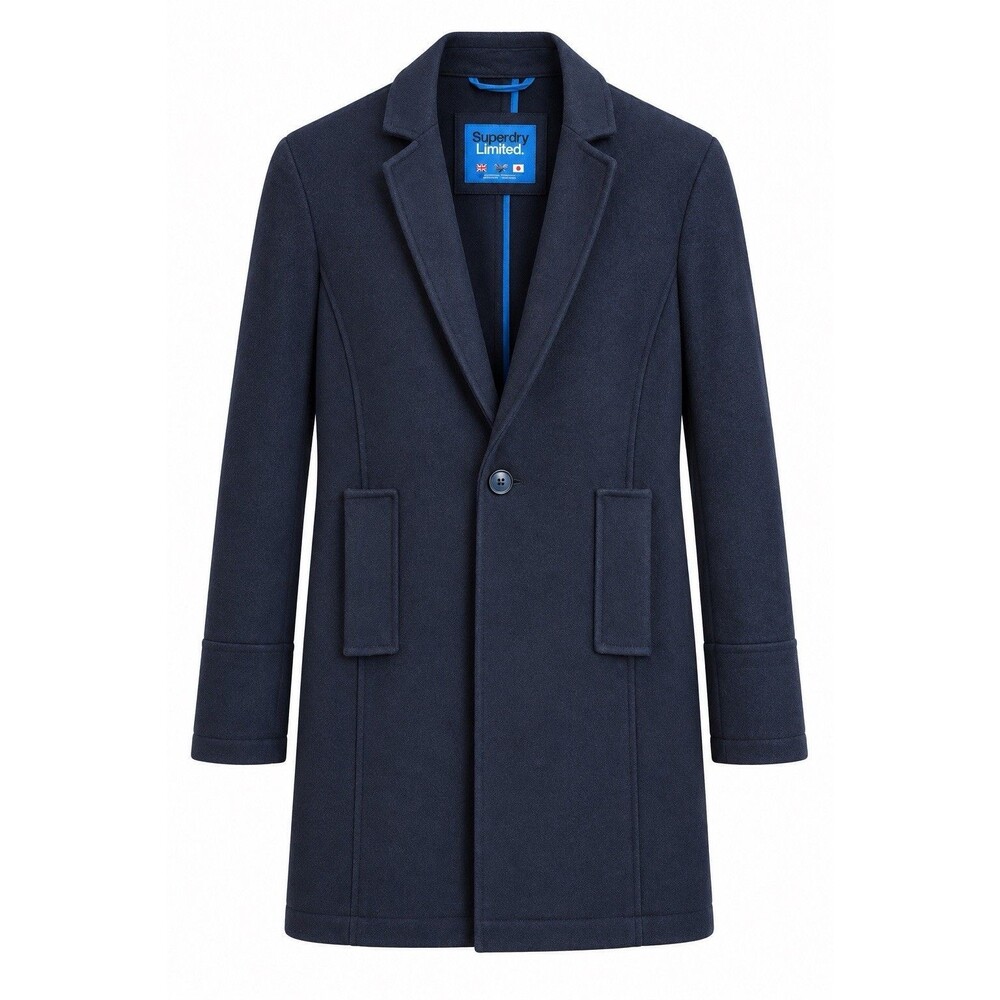 Superdry Navy Wool Blend Overcoat Sz S EUC Mid Length Coastal Preppy Modern EUC